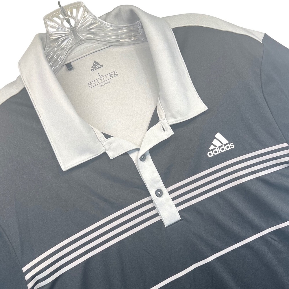 Adidas Golf Polo Shirt Mens Large Black Grey Striped Short Sleeve Performance
